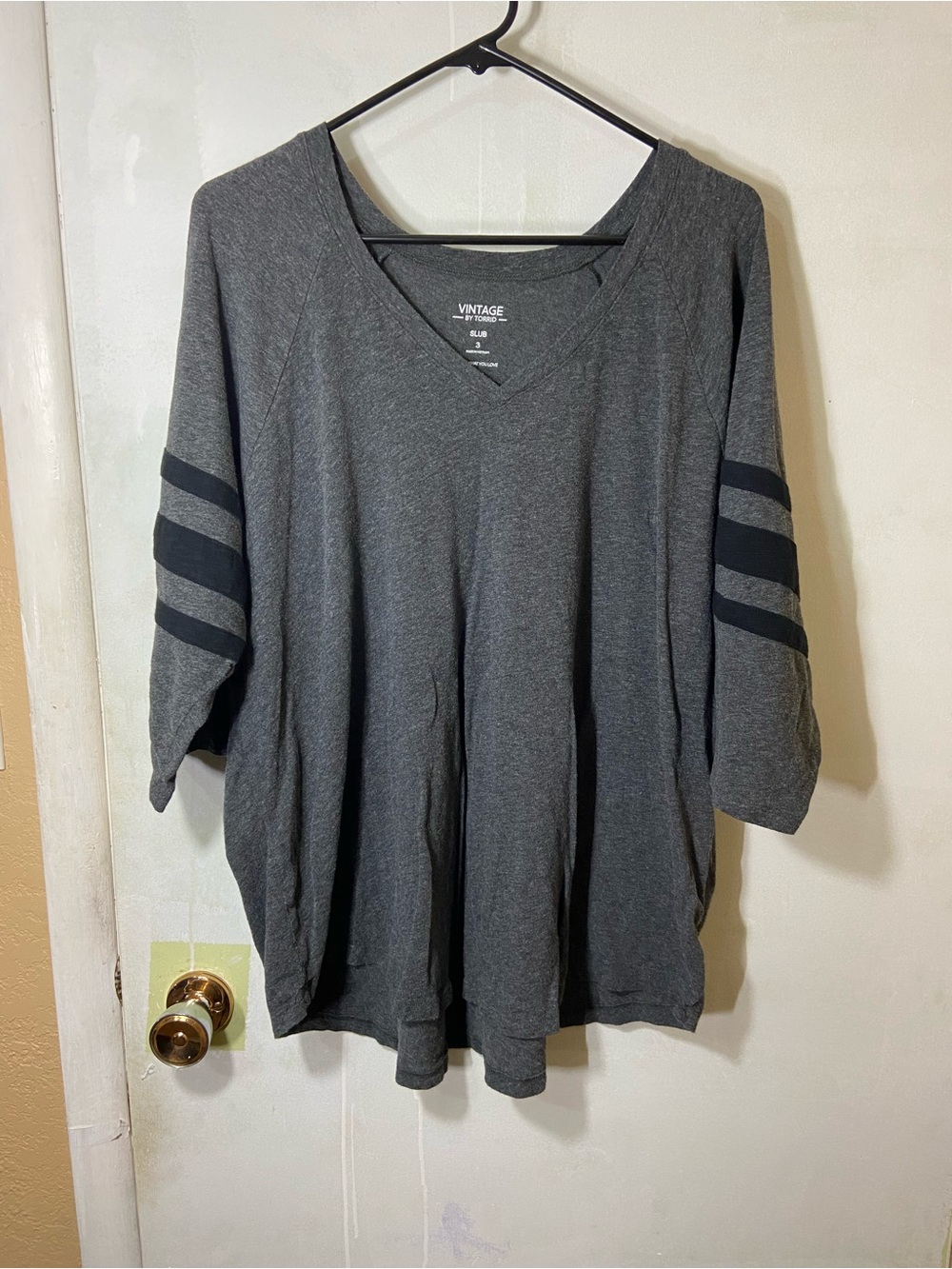 torrid Dark Gray V-Neck Long Sleeve Top with Black Sleeve Stripes